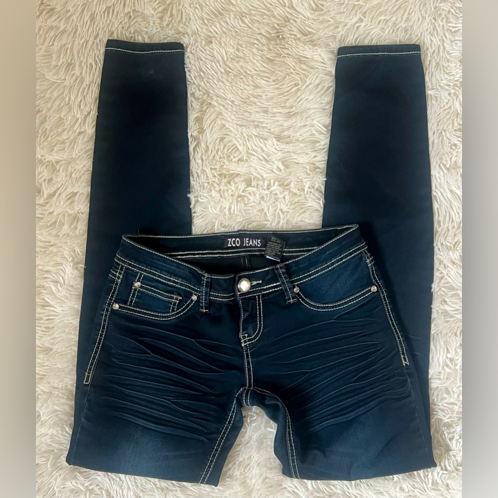 ZCO Jeans Skinny Moto Jeans Size 3 Dark Wash Stretch Contrast Stitch Low Rise
